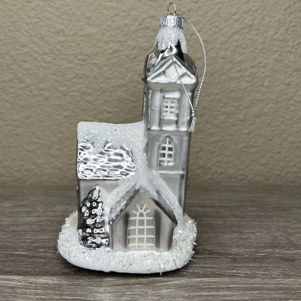 Hand Blown Glass White Silver Glitter House Church Christmas Ornament 6